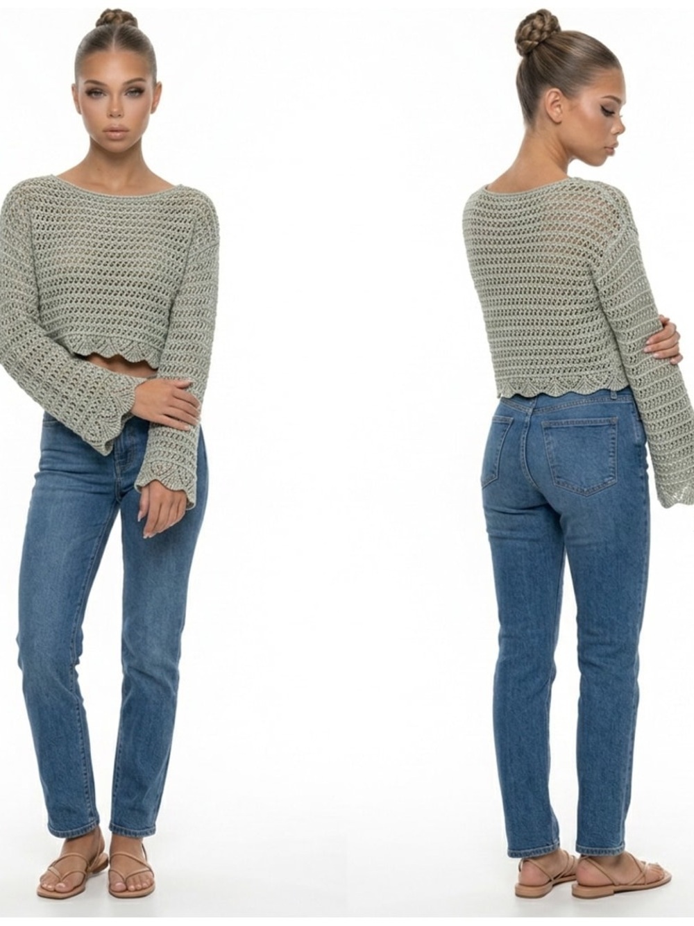 American Eagle Outfitters Sage Green Cropped Crochet Sweater Cable Knit Sz S P